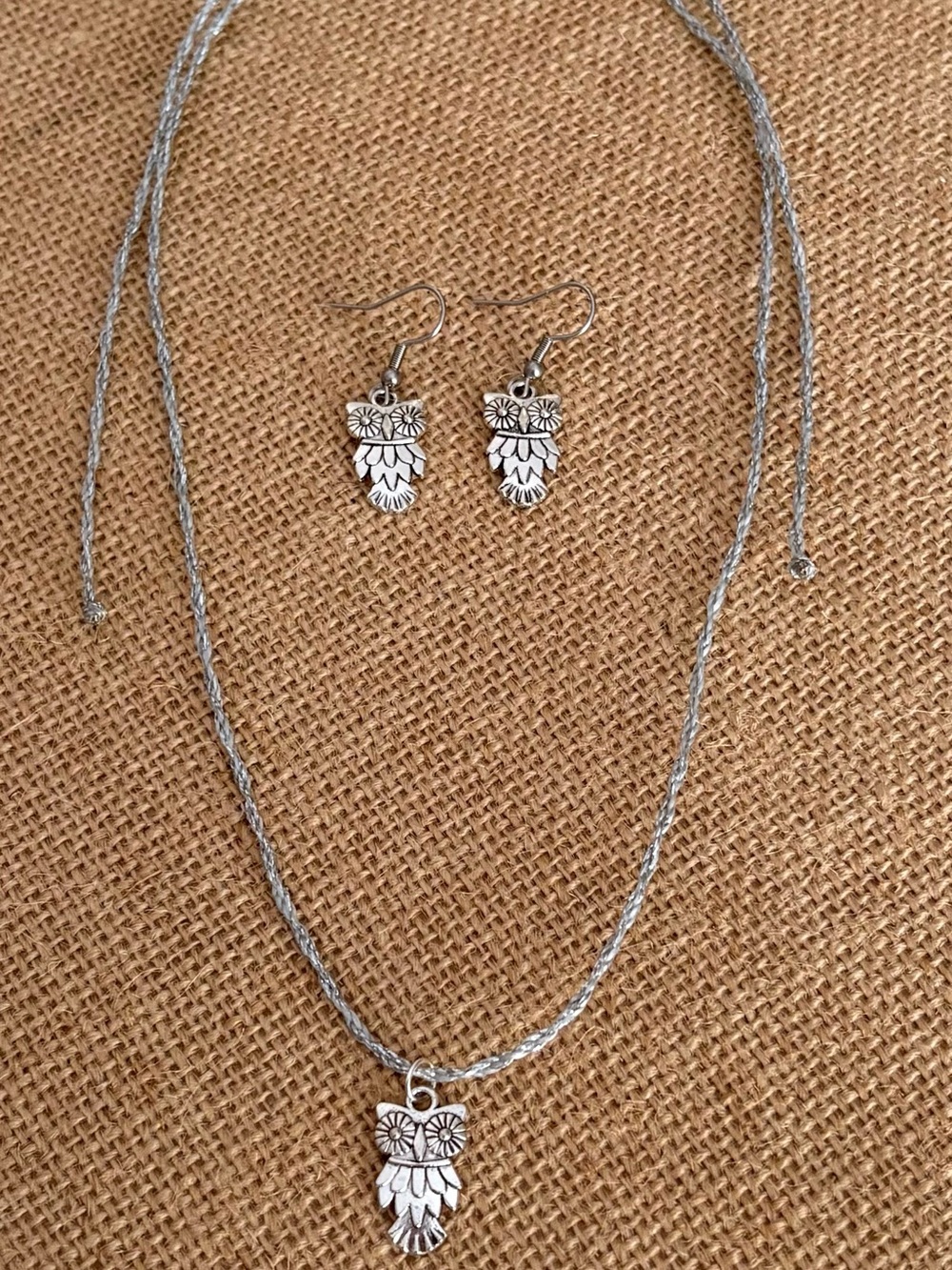 Silver Owl Pendant Necklace and Earring Set - Silver